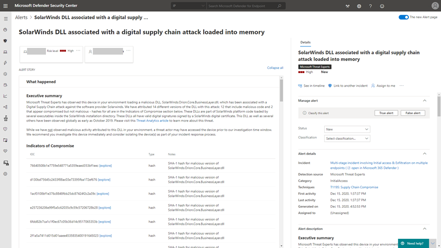 Screenshot of Microsoft Defender Security Center showing Microsoft Threat Experts detections