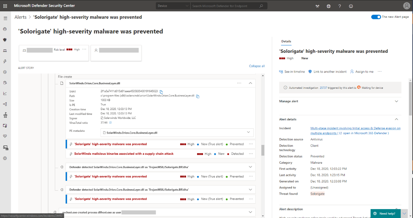 Screenshot of Microsoft Defender Security Center showing alert for blocking of Solorigate malware