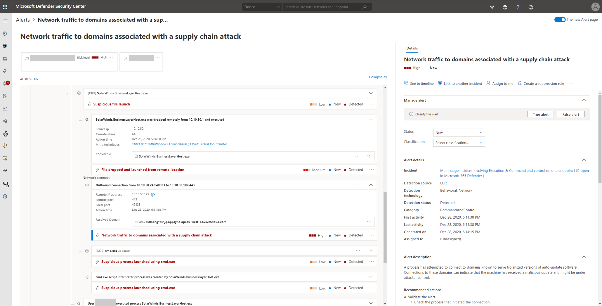 Screenshot of Microsoft Defender Security Center showing alert for malicious network connection
