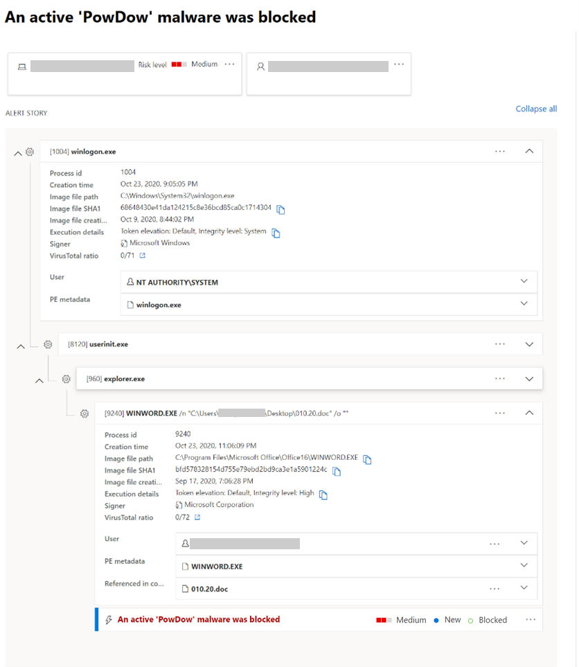 Screenshot of Microsoft Defender Security Center alert indicating threat is blocked