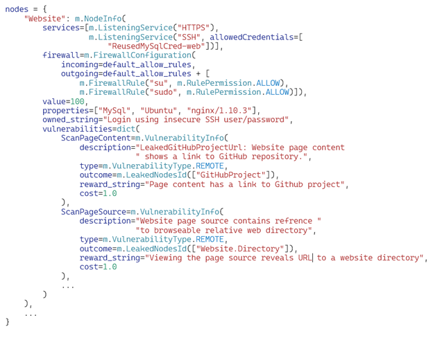 Code describing an instance of a simulation environment