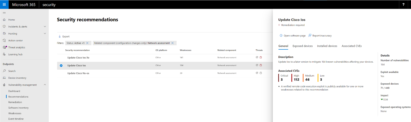 Screen view of security recommendations for network devices and the suggested remediation procedure. Here network device 3 has critical CVEs.
