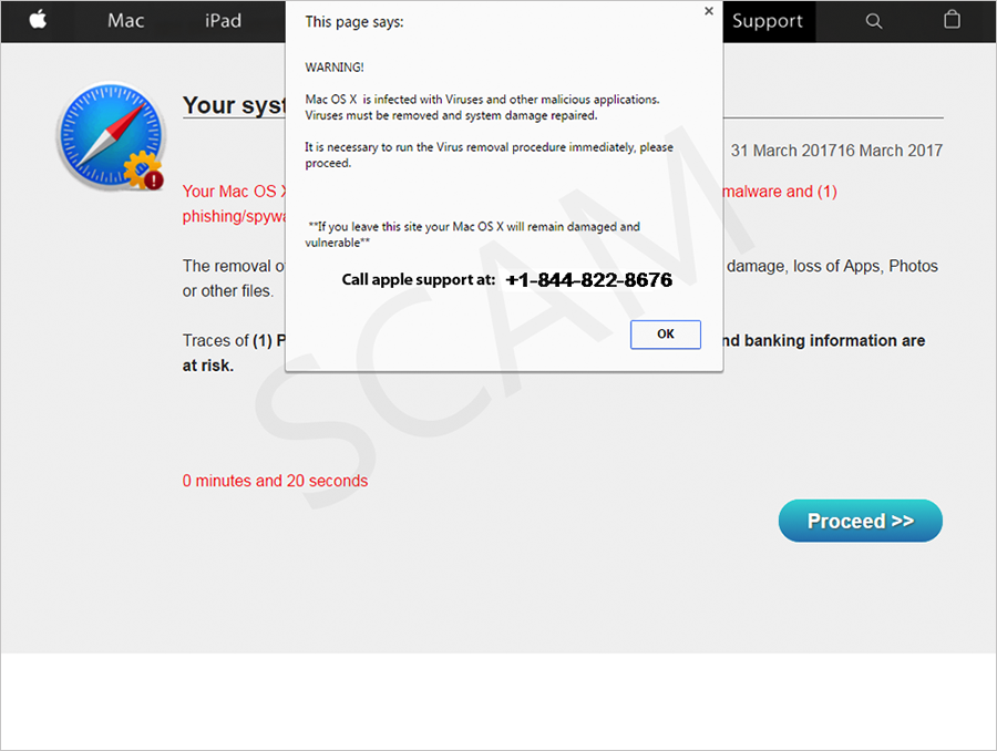 A screenshot of a pop box saying that your mac is infected with a virus and gives you a number to call for support.