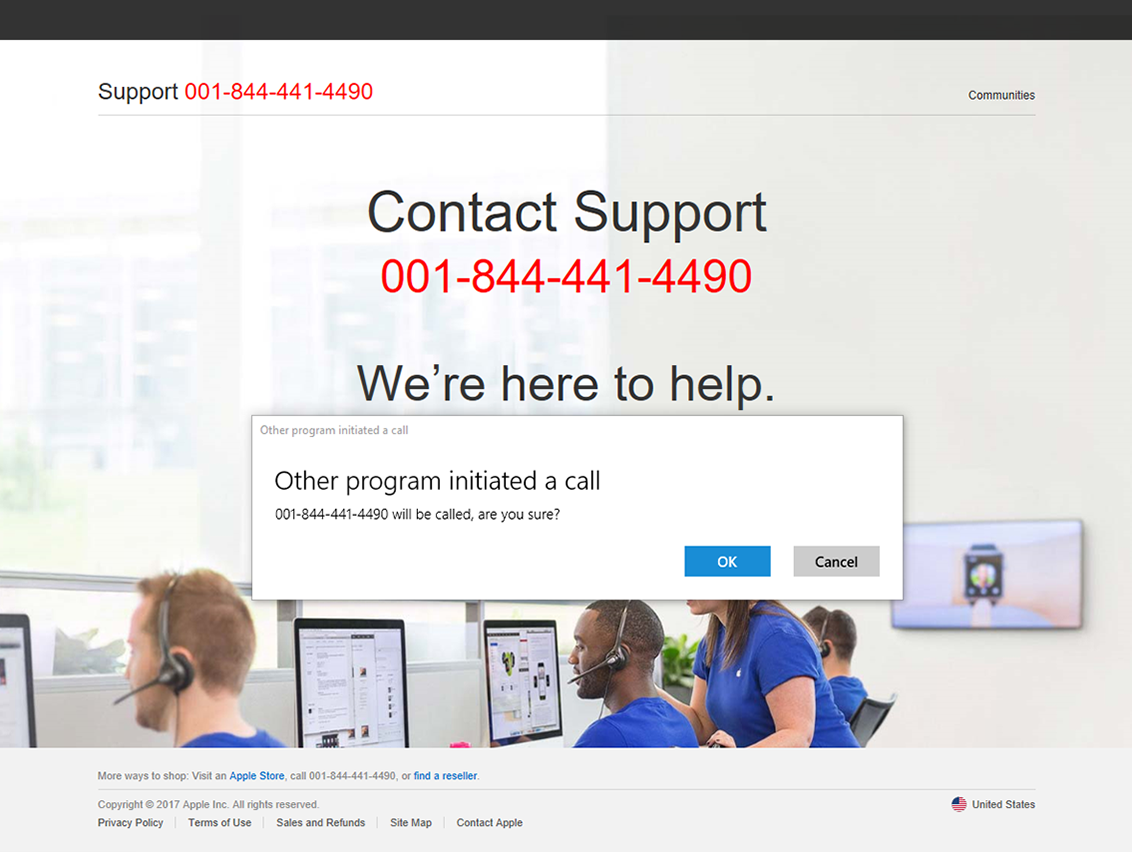 Figure 1. Tech support scam page launching the default communication app with the fake hotline 001-844-441-4490 ready to be dialed