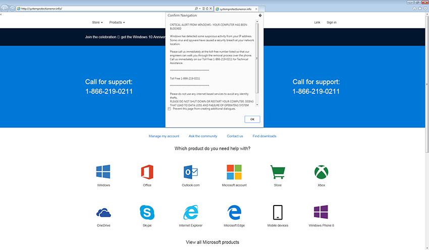 Sample TechBrolo site with dialogue loop and fake support number.