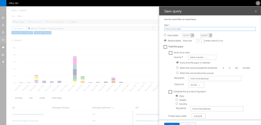 Figure 9. Saving an Explorer query in Office 365 Threat Intelligence