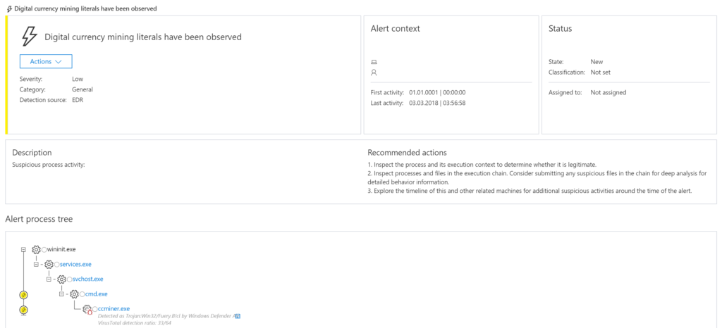 Figure 6. Windows Defender ATP detection for coin mining malware