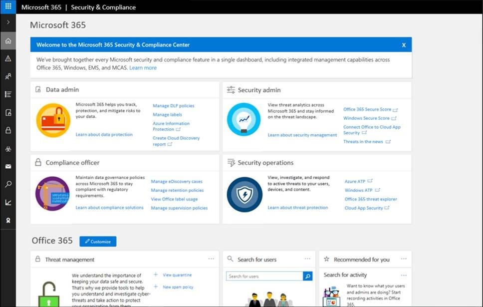 Figure 3. Microsoft 365 Security and Compliance center which connects the Azure, Office 365, and Windows workloads