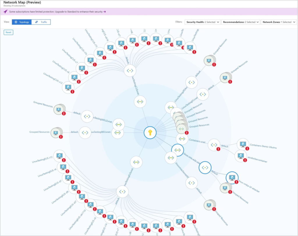 Network topology map highlighting virtual networks, subnets, and nodes.