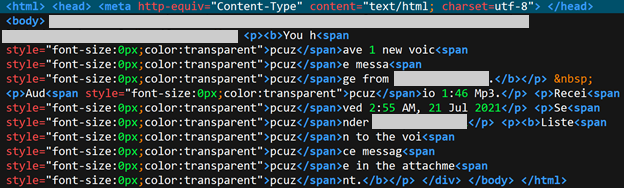he HTML code of the email body, exposing the use of the zero-point font technique

