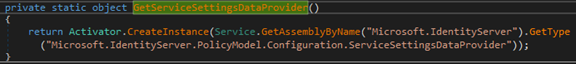 Screenshot of code for GetServiceSettingsDataProvider() method