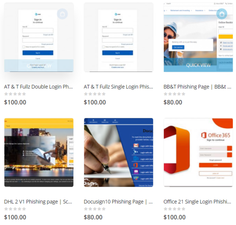 Screenshot of phishing templates being sold by BulletProofLink