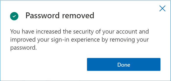 Microsoft Authenticator showing password has been successfully removed.