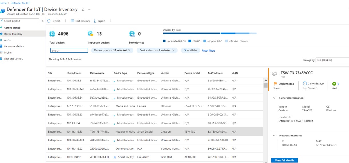 The Defender for IoT console in Azure provides users with access to IoT and OT Device Inventory, Alerts and Security Recommendations. The Device Inventory view provides users with a list of devices and top details about them. When selecting a device instance more detailed device properties can be seen.