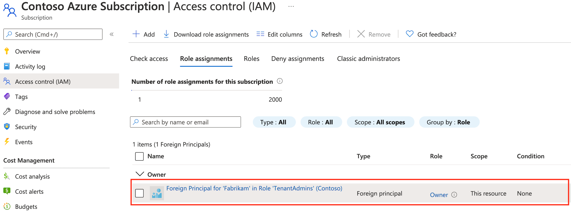 Foreign principal selected under the role assignments tab in an Azure subscription.