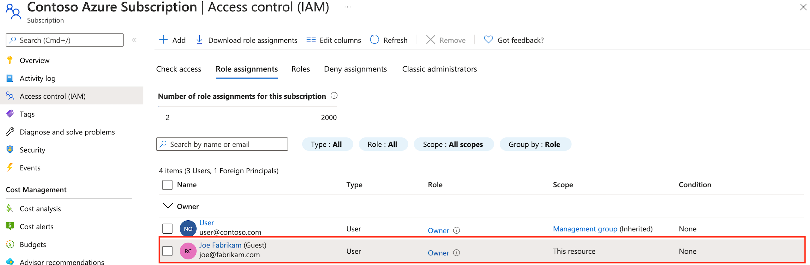The name Joe Fabrikam is selected as a guest user under the role assignments tab in an Azure subscription.