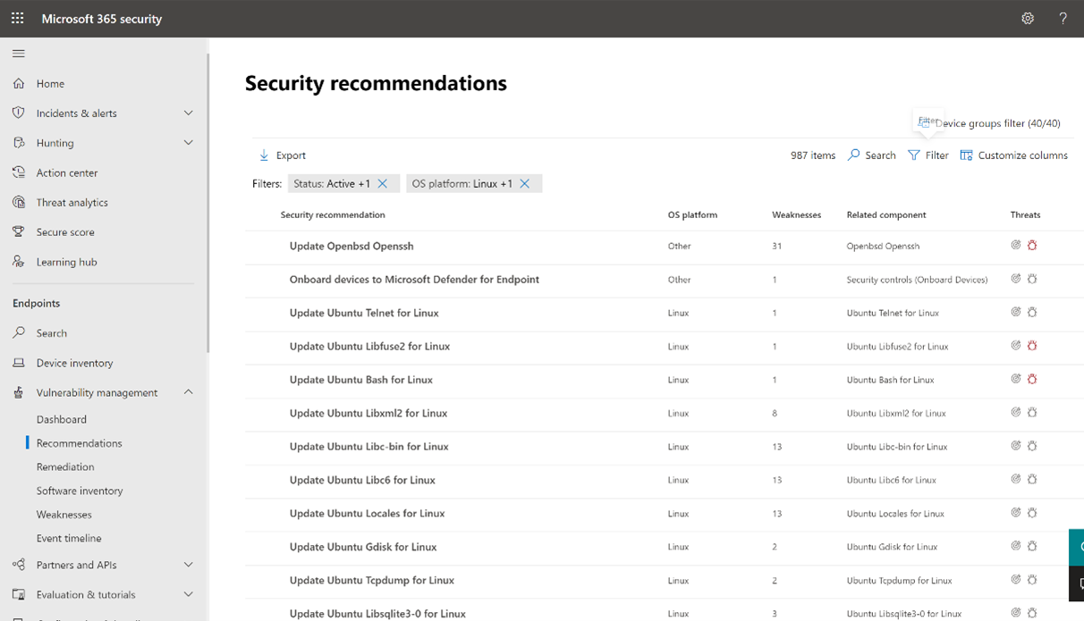 The Security Recommendations view in the Microsoft 365 Defender console includes recommendations for enterprise IoT devices. Recommendations like, upgrade your IoT devices firmware to a more secure version, is a common example. In the view you see how many devices are applicable to each recommendation as well as the risk level.