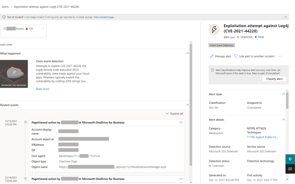 Screenshot of Microsoft 365 Defender alert
