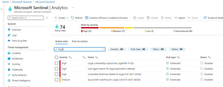 Screenshot of Microsoft Sentinel showing rules