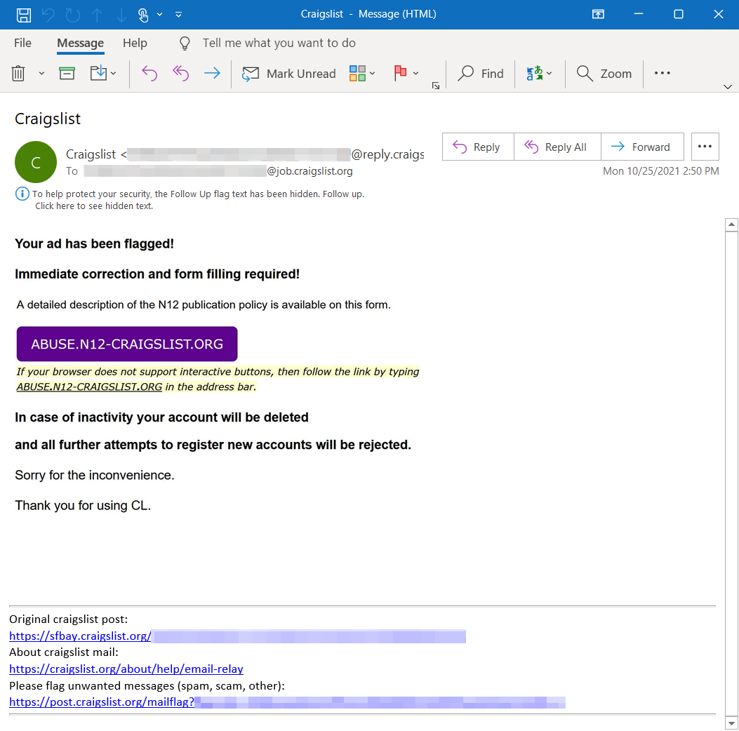 Craigslist campaign email luring targets with an embedded image