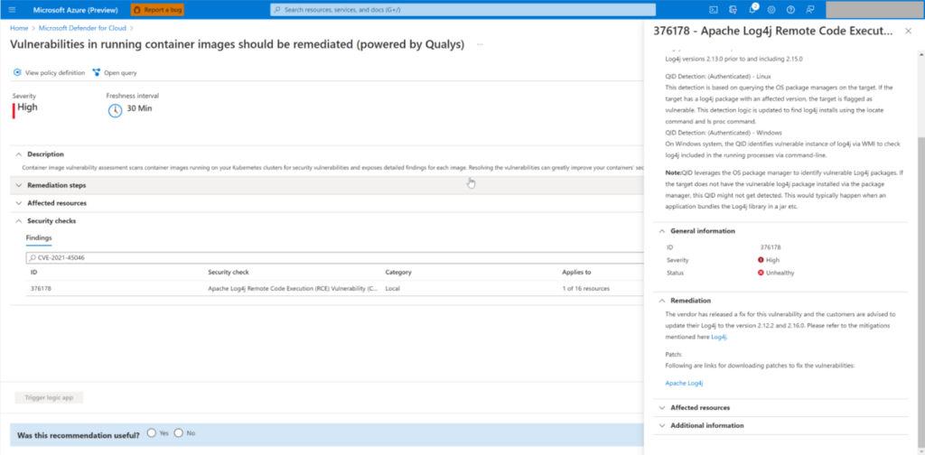 Screenshot of Microsoft Defender for Containers showing vulnerabilities in running container images
