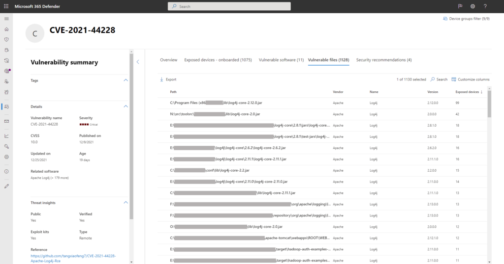 Screenshot of threat and vulnerability management showing vulnerable files