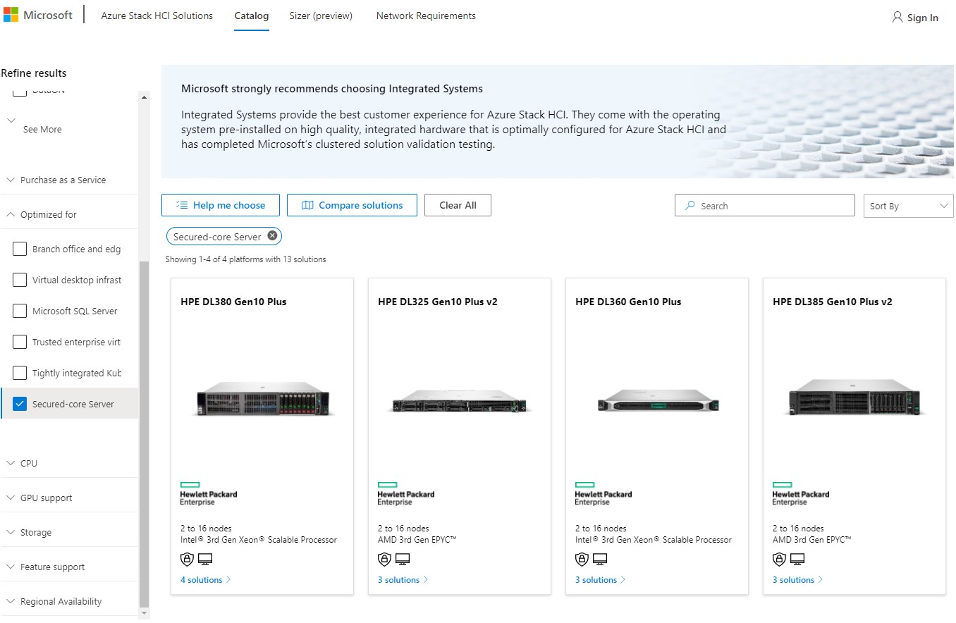 Azure stack HCI catalog screenshot showing four Secured-core server solutions from H P E.