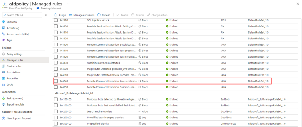 Screenshot of Managed rules in Azure Web Application Firewall