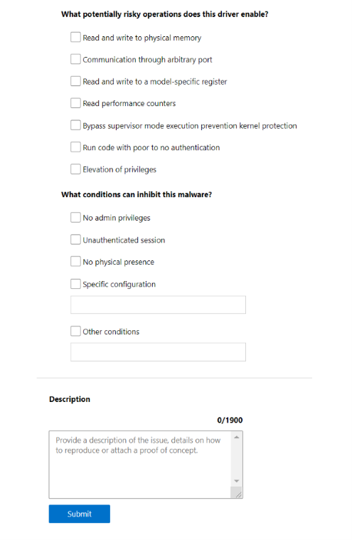 Further down the homepage of the Vulnerable and Malicious Driver Reporting Center.