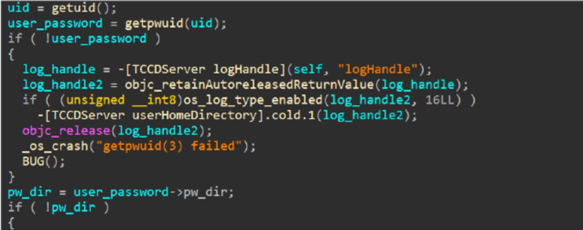 Screenshot of the tccd fix for CVE-2020-9934