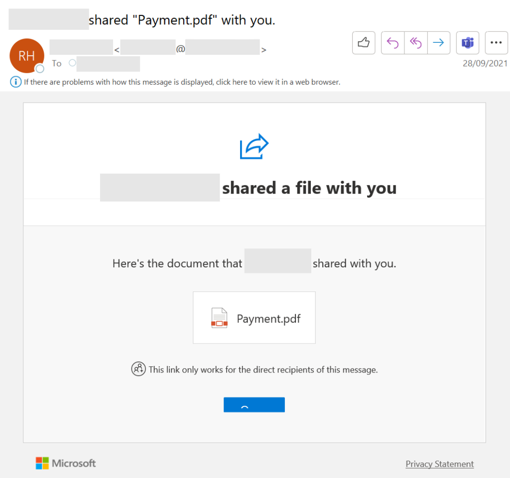 Screenshot of a sample email used in the second stage of the phishing campaign