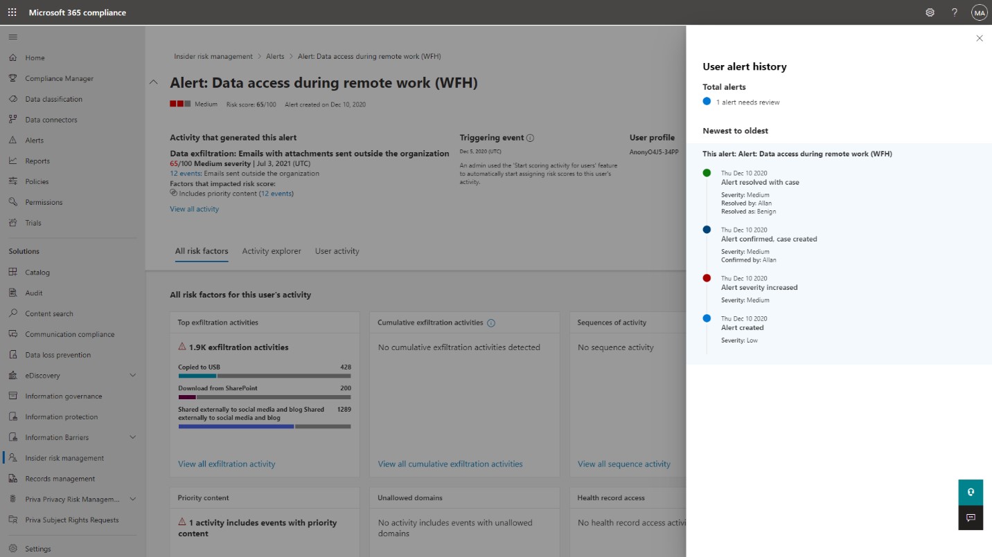 New summary alert timeline in Insider Risk provides context on risky user activity.
