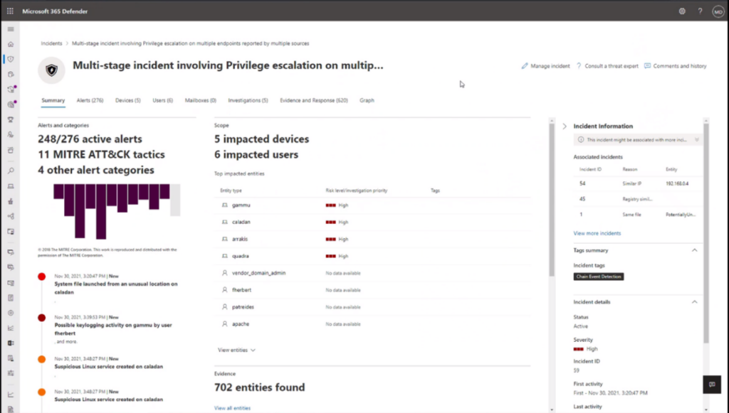 Screenshot of Microsoft 365 Defender detecting the Sandworm simulated attack as a single incident.