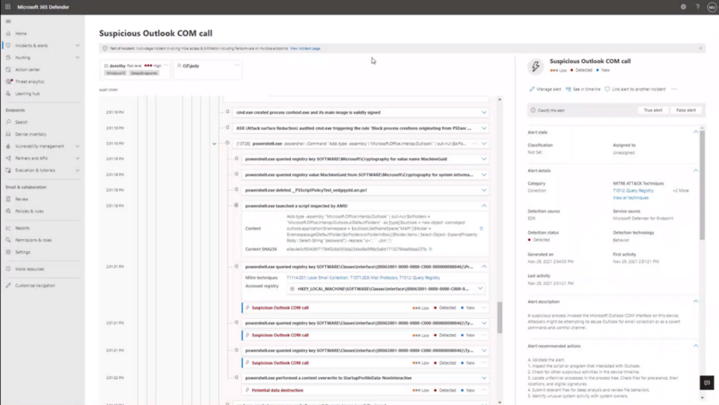 Screenshot of Microsoft 365 Defender detecting a suspicious Outlook COM call.