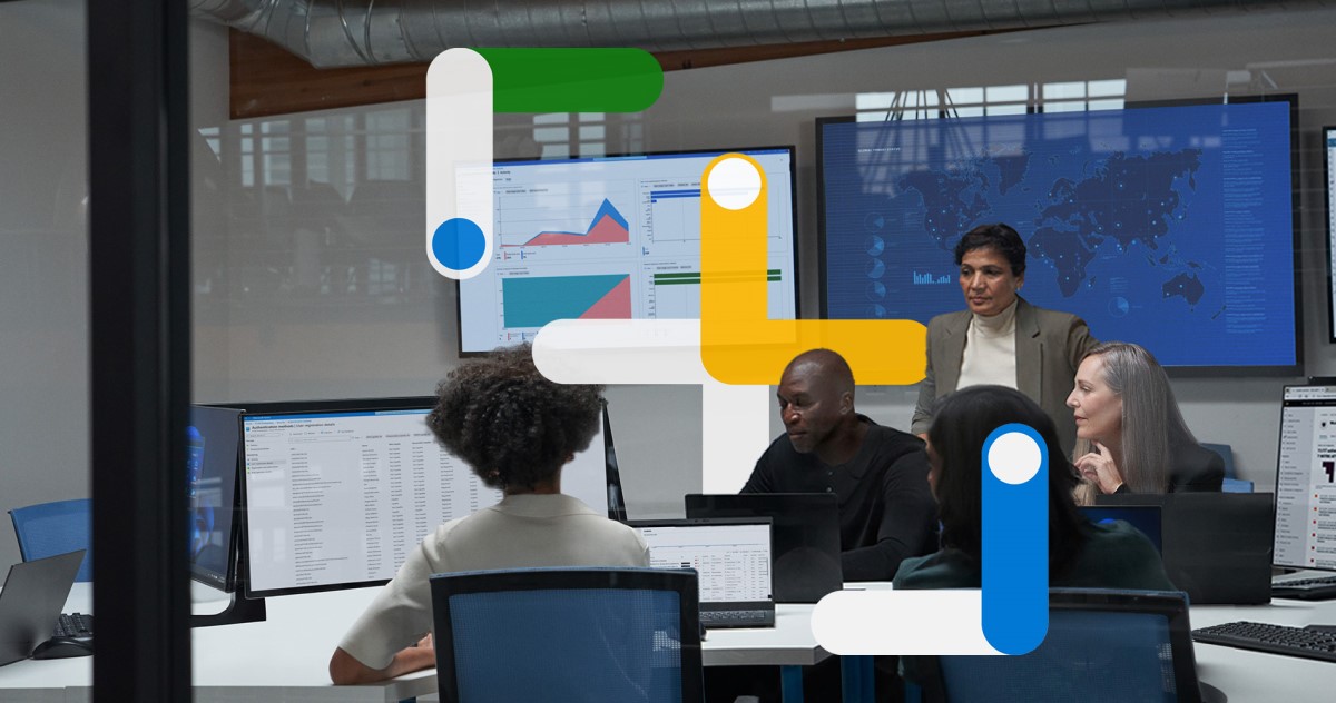 Cybersecurity professionals collaborating in S O C with colorful line art overlaid.