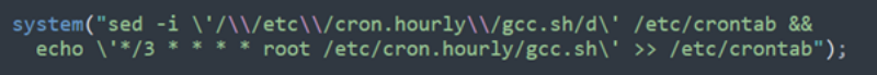 Screenshot displaying the system command to delete the /etc/cron.hourly/gcc.sh entry from /etc/crontab file and add a new entry. It reads "system("sed -i \'/\\/etc\\/cron.hourly\\/gcc.sh/d\' /etc/crontab && echo \'*/3 * * * * root /etc/cron.hourly/gcc.sh\' >> /etc/crontab");