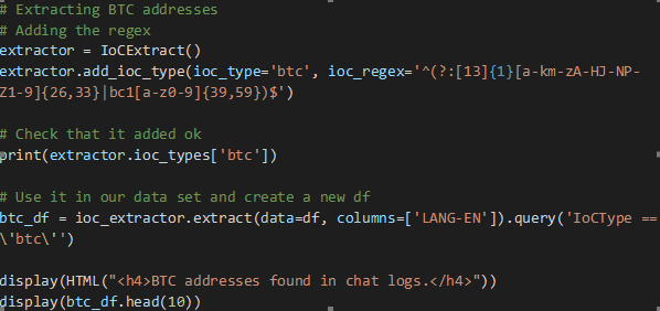 A screenshot of Python code that adds a regex in the IOCExtract module of MSTICPy. This specific regex extracts Bitcoin addresses from the Conti chat logs.