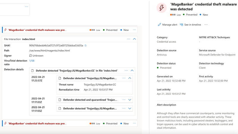 Microsoft Defender of Endpoint UI showing the following alert:

'MageBanker' credential theft malware was detected