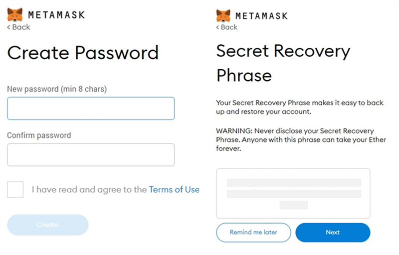 Screenshots of a wallet app's UI screens where users can create a password and a secret recovery phrase.
