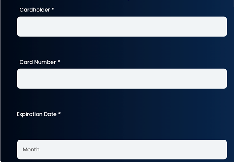 Fraudulent checkout form that steals user payment details, showing input fields for cardholder name, card number, and expiration date. 