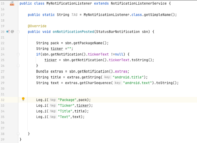 A screenshot of malware code where the NotificationLIstenerService is extended. This enables the app to receive calls from the system when new notifications are posted or removed.