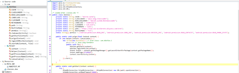 A screenshot of the code of the decrypted asset which is an APK file.