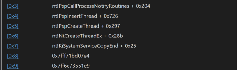 A screenshot of a callstack with the invocation of PspCallProcessNotifyRoutine and PspInsertThread. It is observed that the invocation of both happens from within NtCreateThreadEx. 