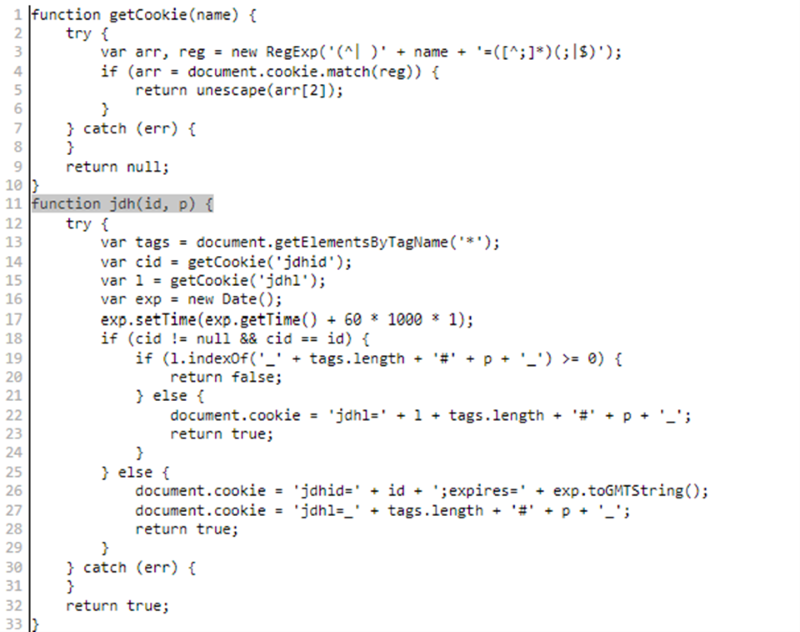 A screenshot of the JavaScript code where the malware checks if a premium service page has already been visited.
