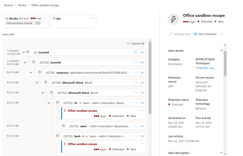 Partial screenshot of Microsoft Defender for Endpoint detecting an Office sandbox escape vulnerability.
The left panel shows the Alert Story with timestamps. The right panel shows the Alert details, including category, MITRE ATT&CK techniques, detection source, service source, detection status, and other information.